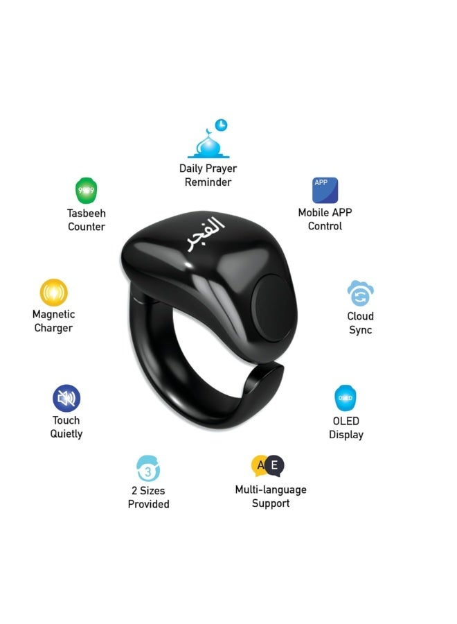 Smart Digital Tasbih Ring Counter, OLED Display, Magnetic Charging, Waterproof Islamic Prayer Counter, Black, Adjustable - Image 2
