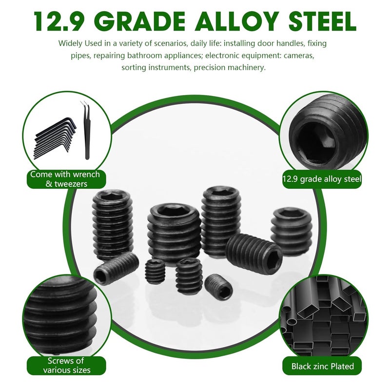Spiglamm 500 Pcs 25 Size Black Set Screw Assortment Kit, Alloy Steel Set Screws for Bathroom Fixtures Door Handles (M3-M8, 1/8"-40 to 5/16"-18) - Image 3