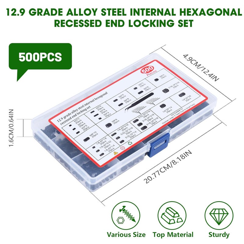 Spiglamm 500 Pcs 25 Size Black Set Screw Assortment Kit, Alloy Steel Set Screws for Bathroom Fixtures Door Handles (M3-M8, 1/8"-40 to 5/16"-18) - Image 4