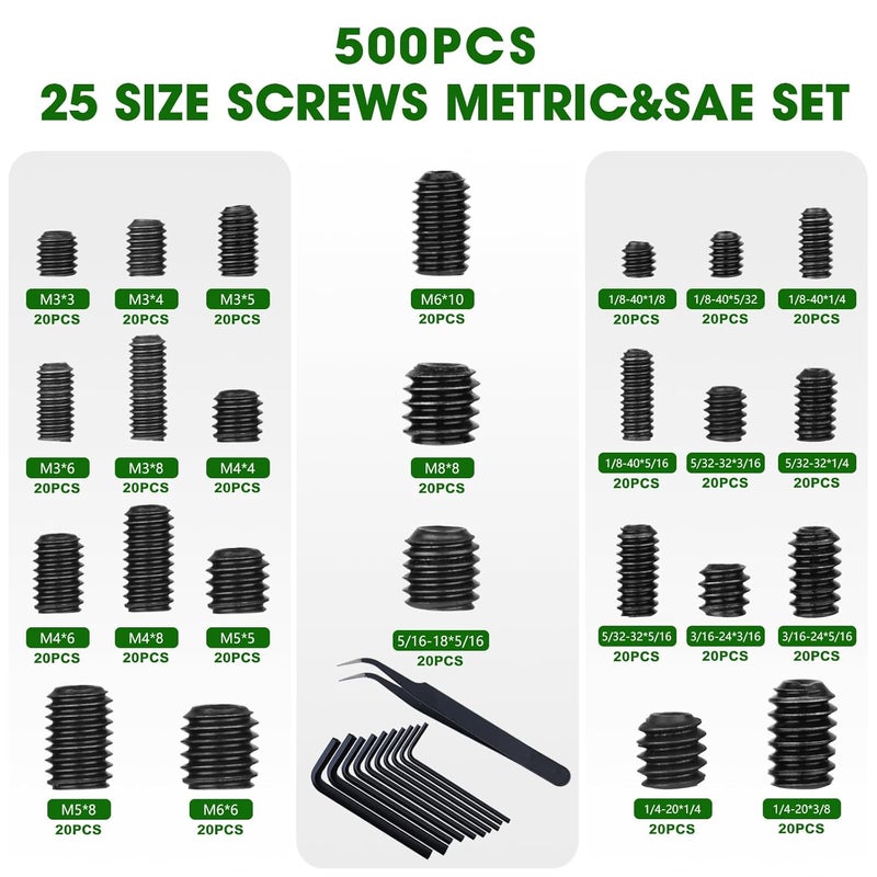 Spiglamm 500 Pcs 25 Size Black Set Screw Assortment Kit, Alloy Steel Set Screws for Bathroom Fixtures Door Handles (M3-M8, 1/8"-40 to 5/16"-18) - Image 2