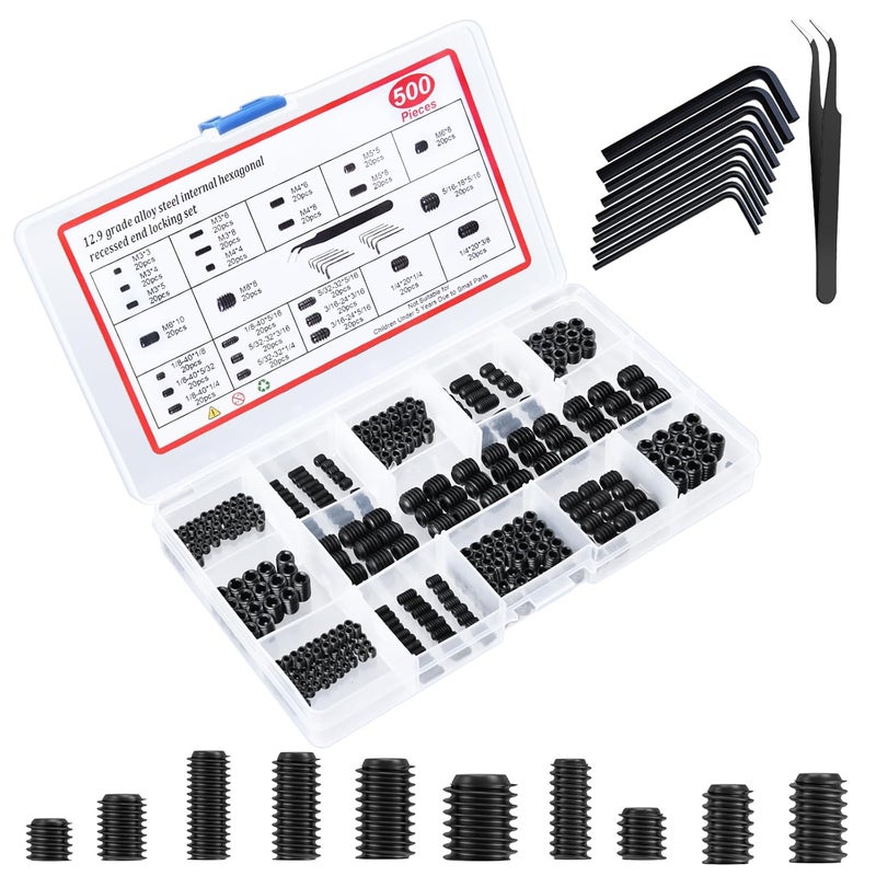 Spiglamm 500 Pcs 25 Size Black Set Screw Assortment Kit, Alloy Steel Set Screws for Bathroom Fixtures Door Handles (M3-M8, 1/8"-40 to 5/16"-18) - Image 1