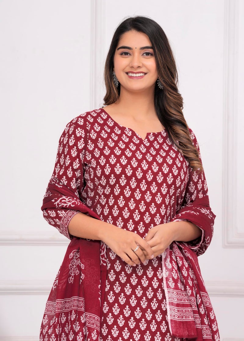 MEERA FAB Women Cotton Printed Straight Kurta With Palazzo & Dupatta Set, Maroon, 4XL - Image 5