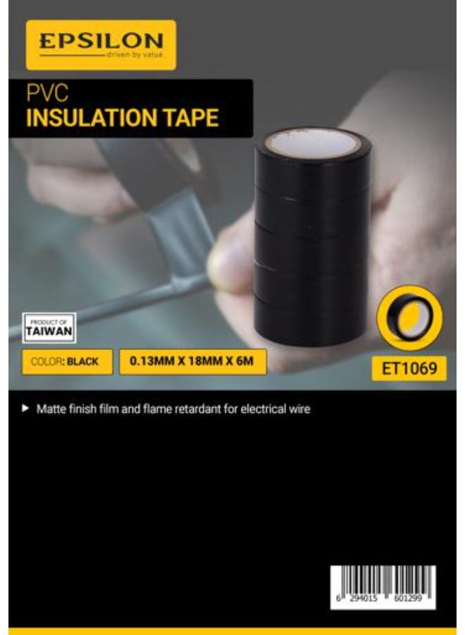 Epsilon PVC Insulation Tape Pack of 5 ET1069, 0.13mm x 18mm x 6m, Flame Retardant Electrical Tape, Strong Adhesive Matte Finish PVC Tape for Wire Insulation, DIY Repairs & Electrical Maintenance, Black - Image 1