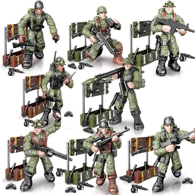 Ulanlan WWII Military Soldiers Action Figure with Weapons and Accessories Building Blocks Playset  8 PCS 1:36 Scale Mini Army Men Figure  Multiple Movable Joints  Best Gift for Kids 8 9 10 - Image 1