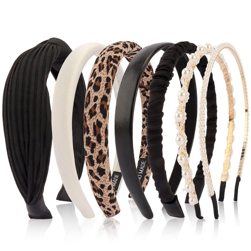 AHONEY 7 Pack Black Headbands for Women Cheetah Print Leopard Headbands Non Slip Leather Hairbands Fashion Hair Accessories Multi-style Headband Pack Diademas Para Mujer - Image 1