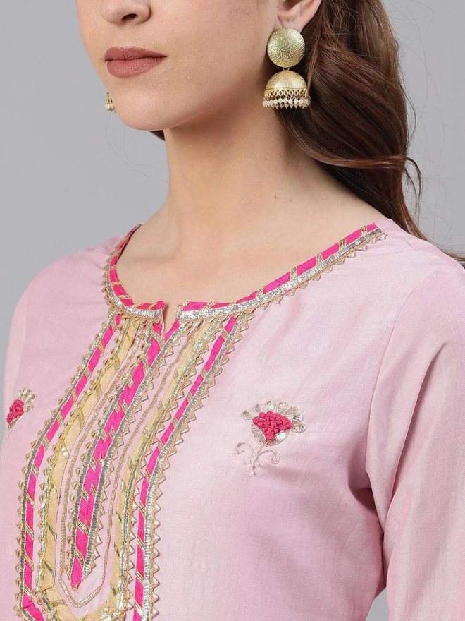 ISHIN ISHIN Pink Embroidered Kurta with Trousers and Dupatta Set