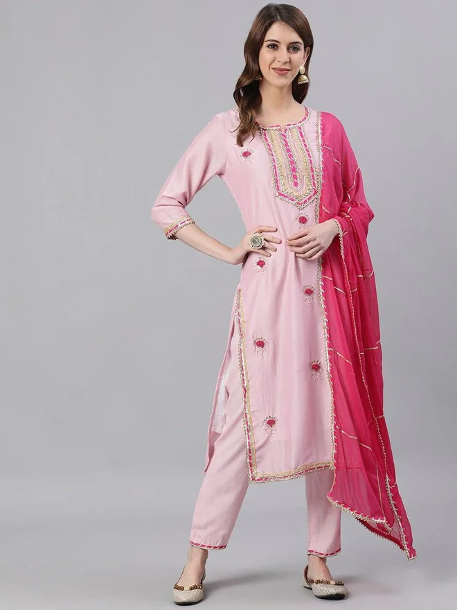 ISHIN ISHIN Pink Embroidered Kurta with Trousers and Dupatta Set