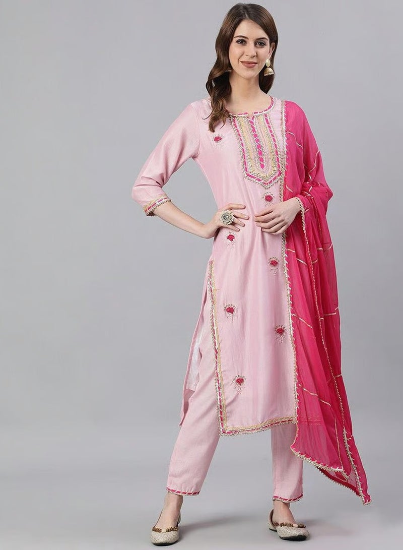 ISHIN Pink Embroidered Kurta with Trousers and Dupatta Set - Image 1