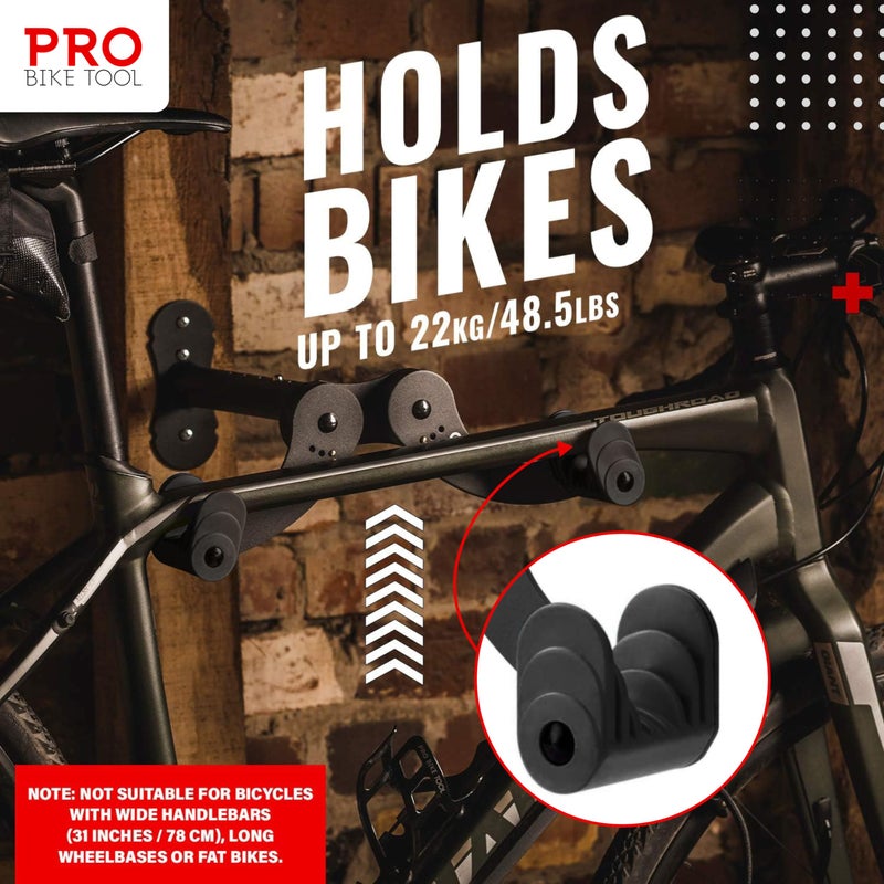 برو بايك تول حامل دراجات احترافي من برو بايك تول، يُثبّت على جدار المرآب - خطافات تخزين أفقية للدراجات مصنوعة من سبائك الفولاذ - علاقة داخلية قابلة للتعديل للدراجات الهوائية، والدراجات الجبلية، والدراجات الهجينة - يتحمل وزنًا يصل إلى 22.5 كجم - أسود، 32 × 22.5 سم - Image 5