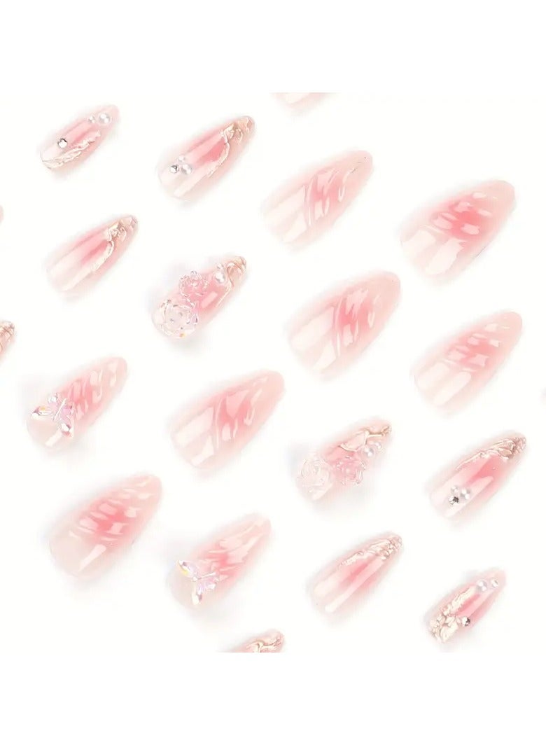 Rozino 24pcs Long Almond-Shaped Press-On Nails Set, Mixed Pink Tones with Glitter & Floral Design, Glossy Finish, Handcrafted Golden Mirror Effect, 3D Water Ripple Pattern, Blush Camellia Accents, Aurora Rhinestone Butterfly Nail Art Kit, Nail Art Supplies - Image 4