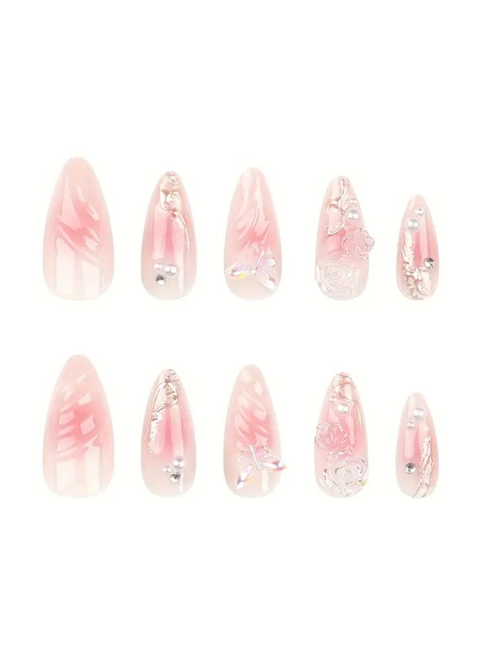 Rozino 24pcs Long Almond-Shaped Press-On Nails Set, Mixed Pink Tones with Glitter & Floral Design, Glossy Finish, Handcrafted Golden Mirror Effect, 3D Water Ripple Pattern, Blush Camellia Accents, Aurora Rhinestone Butterfly Nail Art Kit, Nail Art Supplies - Image 5
