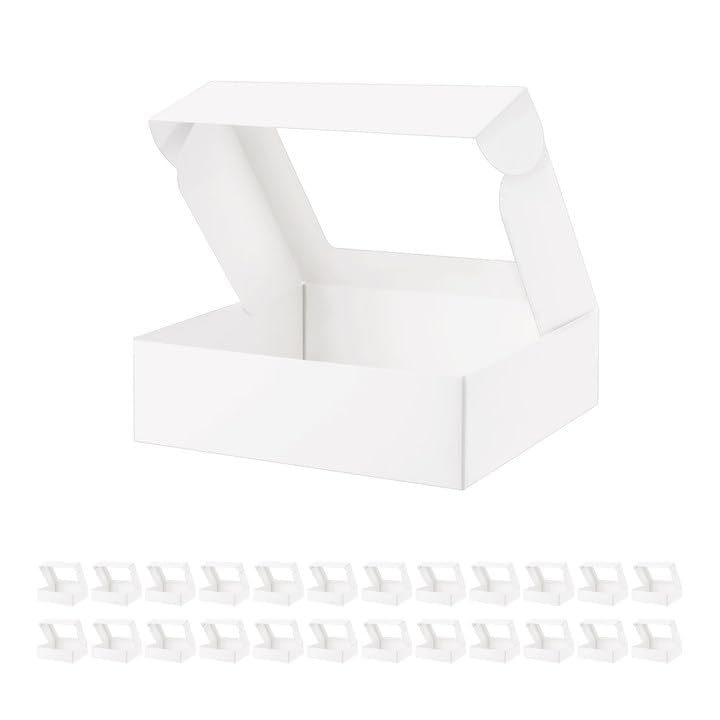 BAKIPACK 25 White Bakery Boxes with Window, 9x7x2.5 Inches Cake Boxes with Window, Treat Boxes for Small Bakery, Dessert, Candy, Cookies, Pastry, Party Favors, Wedding Cake - Image 2