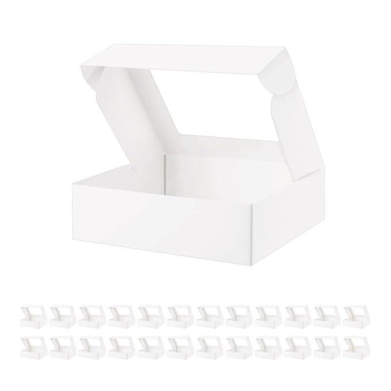 BAKIPACK 25 White Bakery Boxes with Window, 9x7x2.5 Inches Cake Boxes with Window, Treat Boxes for Small Bakery, Dessert, Candy, Cookies, Pastry, Party Favors, Wedding Cake - Image 1