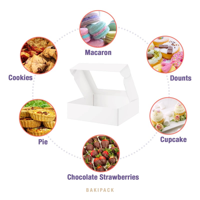 BAKIPACK 25 White Bakery Boxes with Window, 9x7x2.5 Inches Cake Boxes with Window, Treat Boxes for Small Bakery, Dessert, Candy, Cookies, Pastry, Party Favors, Wedding Cake - Image 4