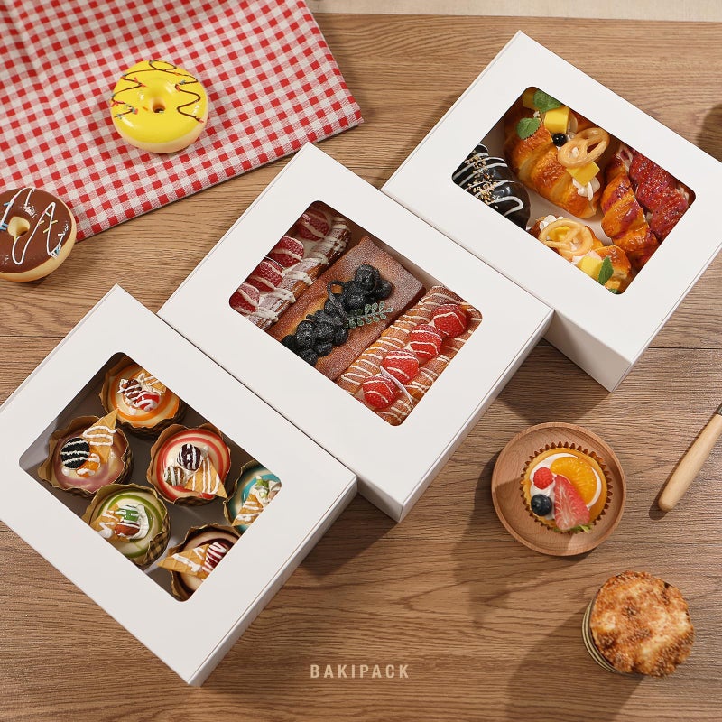 BAKIPACK 25 White Bakery Boxes with Window, 9x7x2.5 Inches Cake Boxes with Window, Treat Boxes for Small Bakery, Dessert, Candy, Cookies, Pastry, Party Favors, Wedding Cake - Image 5