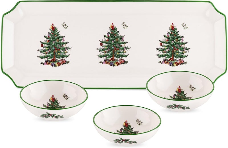 Spode Christmas Tree Rectangular Tray with Dipping Bowls 4 Piece Holiday Serveware Set  Dip Bowls for Sauces Nuts Candy Condiments  Fine Earthenware Dishwasher Safe  Entertaining Essential