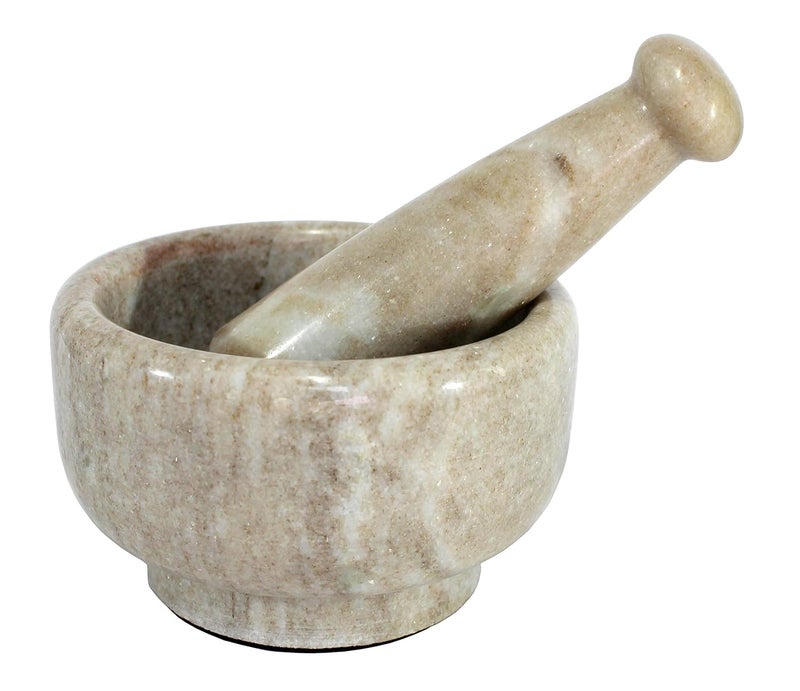 KLEO 5 Diameter White Marble Stone Mortar and Pestle Set as Okhli Musal Kharad Khallad Spice Medicine Grinder Masher Brown - Image 1