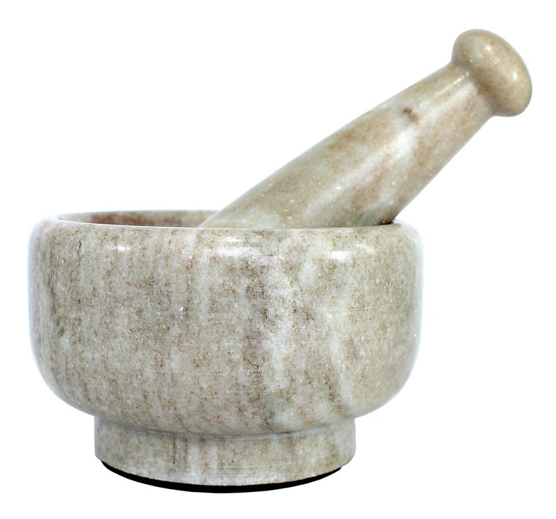 KLEO 5 Diameter White Marble Stone Mortar and Pestle Set as Okhli Musal Kharad Khallad Spice Medicine Grinder Masher Brown - Image 2