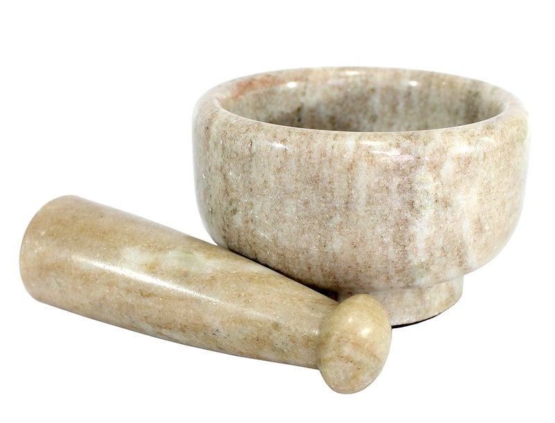 KLEO 5 Diameter White Marble Stone Mortar and Pestle Set as Okhli Musal Kharad Khallad Spice Medicine Grinder Masher Brown - Image 3