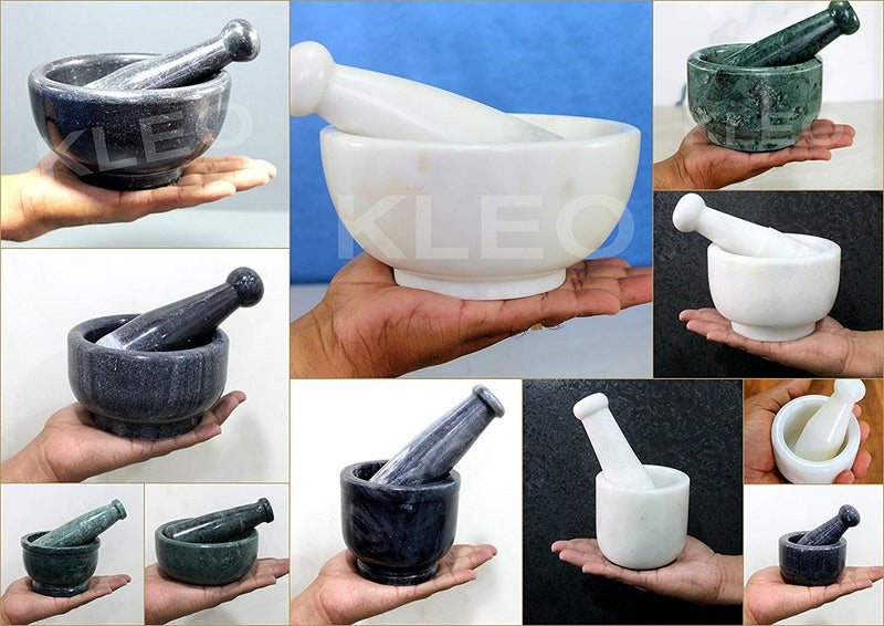 KLEO 5 Diameter White Marble Stone Mortar and Pestle Set as Okhli Musal Kharad Khallad Spice Medicine Grinder Masher Brown - Image 5