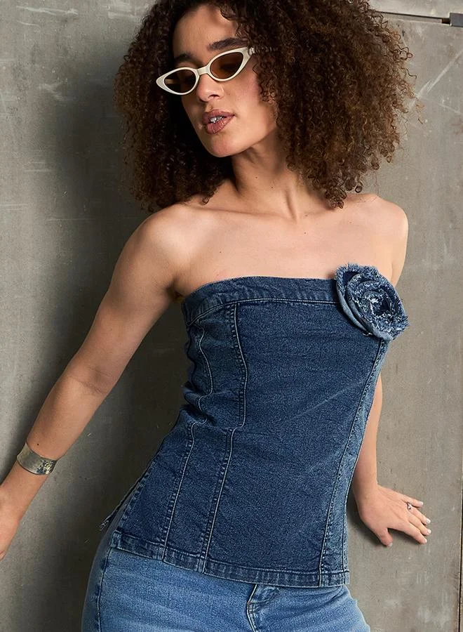 SASSAFRAS Sassafras Acid Wash Denim Bandeau Top with Flower Corsage Detail