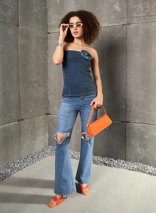 SASSAFRAS Acid Wash Denim Bandeau Top with Flower Corsage Detail