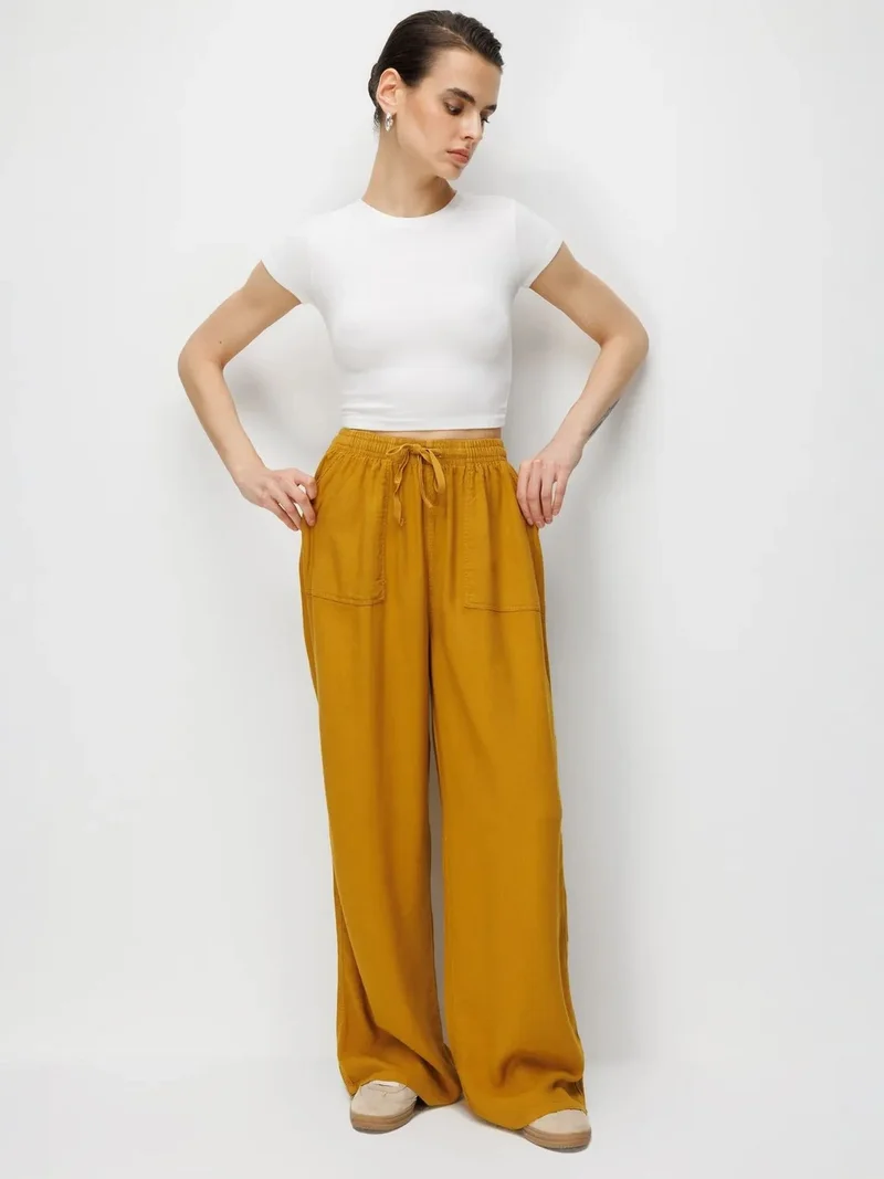 ميكسراي MIXRAY Mid Waist Straight Leg Cotton Pants with Tie Closure