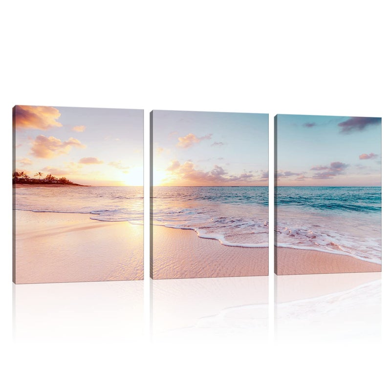 Derkymo 3 Pieces Pink Beach Canvas Wall Art Coastal Sunset Landscape Pictures Print Modern Seascape Artwork for Home Decoration Stretched and Framed Ready to Hang 12Wx16Lx3PCS