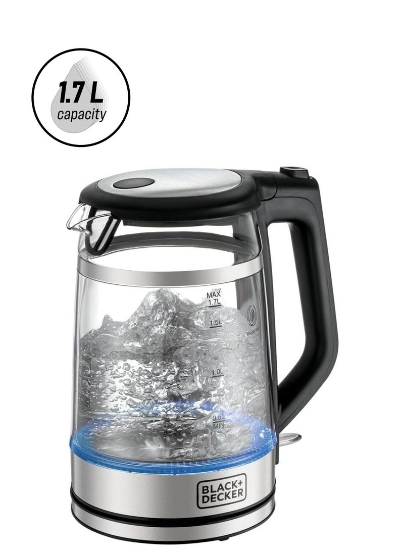 BLACK+DECKER Glass Kettle, Heating, Double Wall Wrap Protection, Premium Stainless Steel Finish, Blue LED Illumination, 360° Cordless Base, Easy Pour, 1.7 L 2200 W GK220-B5 Silver - Image 1