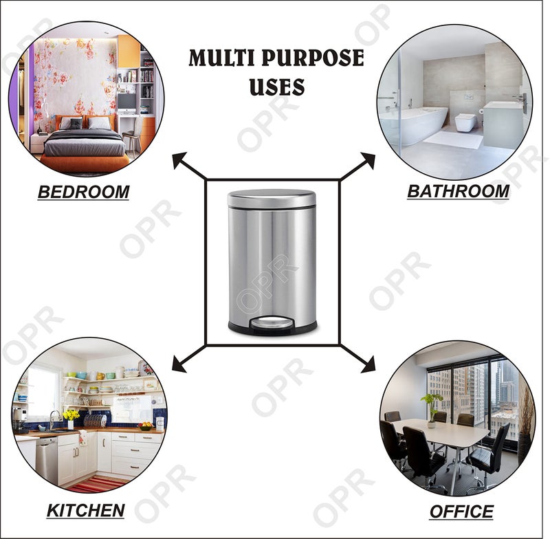 OPR Stainless Steel Plain Pedal Dustbin with Lid | Trash Can Round Shape Dustbin for Bathroom, Home, Kitchen, washrooms, Room and Office- Pack Of 2 (5 Litre) - Image 5