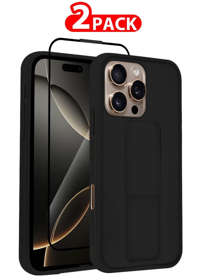ELTRAZONE 2-Pack Premium PU Leather Case & Screen Protector for iPhone 16 Pro Max – Shockproof, Anti-Scratch, Stand Function, Finger Grip Case Cover (Black) - Image 1
