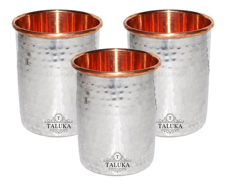 Taluka Stainless Steel Copper Hammered Glass 300 Ml 4 X 3 Silver Set of 3 - Image 1