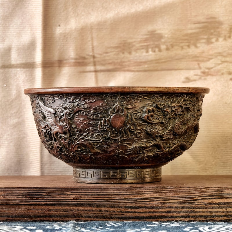 Vintage Dragon And Phoenix Craft Bronze Relief Sculpture Chinese Traditional Auspicious Home Decor Feng Shui Office Ornament Lucky Fortune Collectible Art Piece Housewarming Grand Opening Gift - Image 1