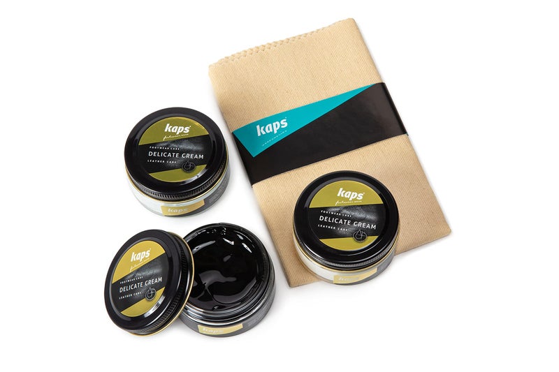 Kaps Professional Boot and Shoe Polish Cream with Cotton Cloth – Set of 3 - White/Transparent/Black – 50 ml./1.69 Oz. Each – Made with Natural Wax - For Natural and Synthetic Leather Footwear Care - Image 1