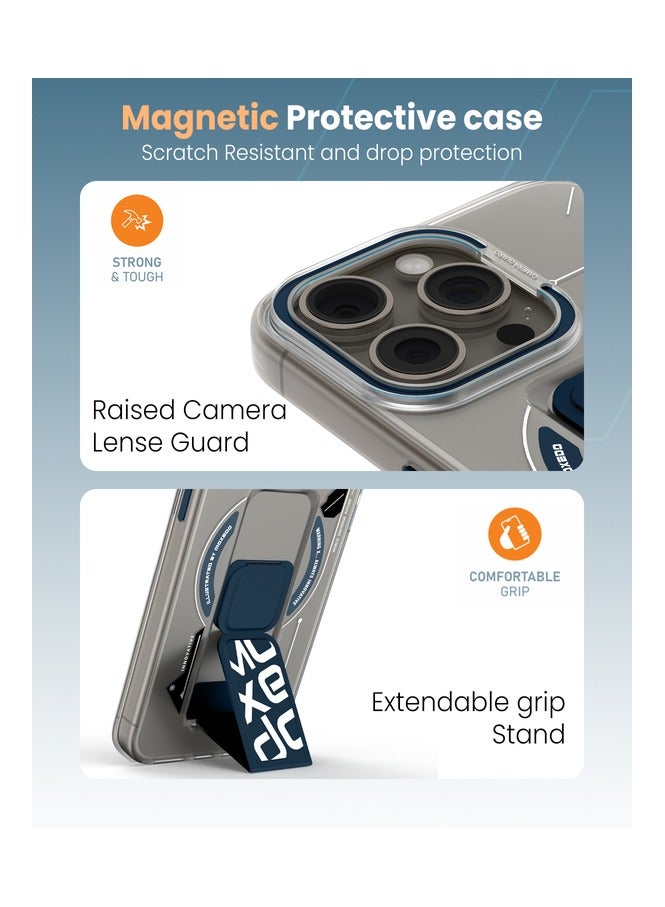 Moxedo Magnetic Protective Case Scratch Resistant Drop Protection with Built-in Extendable Grip Stand Compatible for iPhone 15 Pro Max 6.7 inch - Blue - Image 3