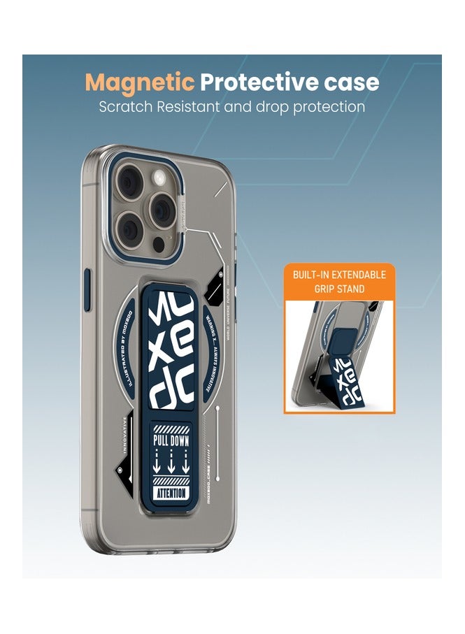 Moxedo Magnetic Protective Case Scratch Resistant Drop Protection with Built-in Extendable Grip Stand Compatible for iPhone 15 Pro Max 6.7 inch - Blue - Image 5