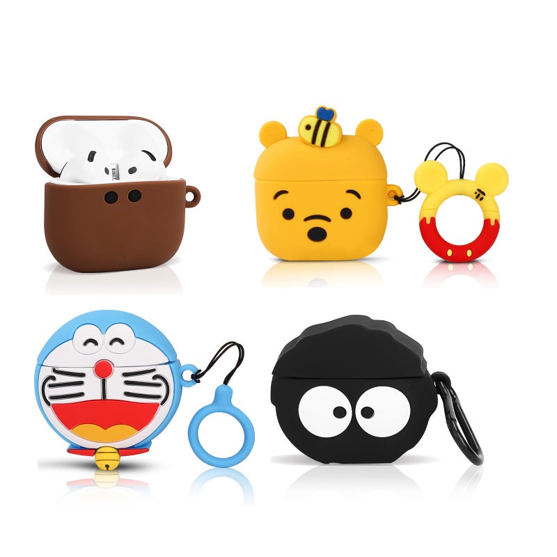 XMBYGY (4 Pack) Cute Case for AirPods 4 Earbuds (2024), XMBYGY Silicone Cartoon Charging Case Shockproof Protective Headphones Cover with Carabiner for Man Woman Teen (W+B+E+A) - Image 4