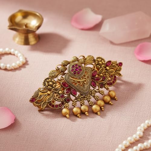 JWELLA Gold-Plated Antique Hair Clip with Pink & Green Stones & Drops Bridal & Festive Accessory (Design 5) - Image 3
