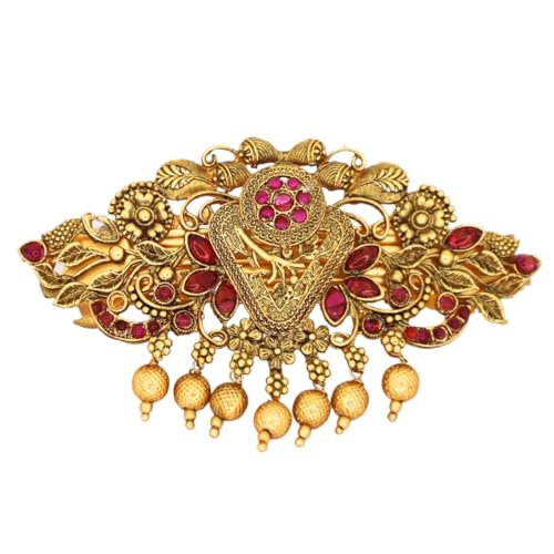 JWELLA Gold-Plated Antique Hair Clip with Pink & Green Stones & Drops Bridal & Festive Accessory (Design 5) - Image 2