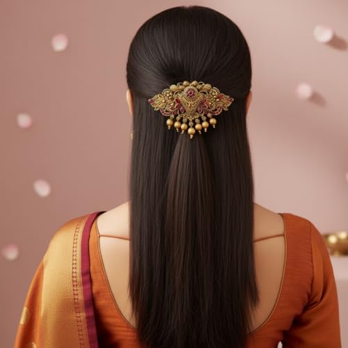 JWELLA Gold-Plated Antique Hair Clip with Pink & Green Stones & Drops Bridal & Festive Accessory (Design 5) - Image 4