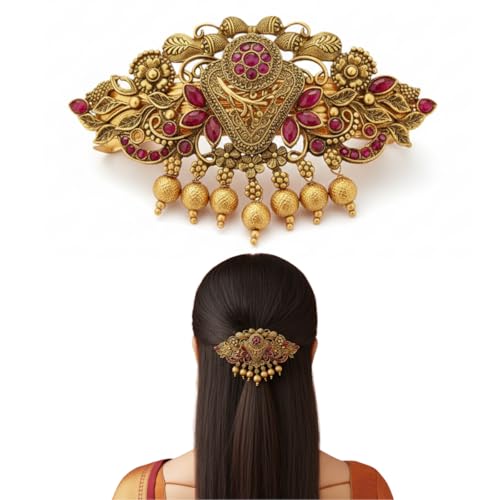 JWELLA Gold-Plated Antique Hair Clip with Pink & Green Stones & Drops Bridal & Festive Accessory (Design 5) - Image 1