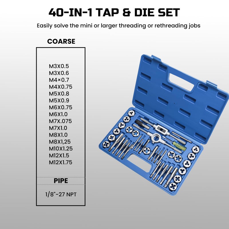 Anfrere مجموعة أنفري 40 قطعة من أدوات التقطيع والمكابس المترية، مجموعة أدوات إعادة الخيوط القياسية المترية، خيوط خشنة وناعمة لقطع الخيوط الخارجية والداخلية، مجموعة أدوات إصلاح أساسية مع مفتاح خيوط - Image 5