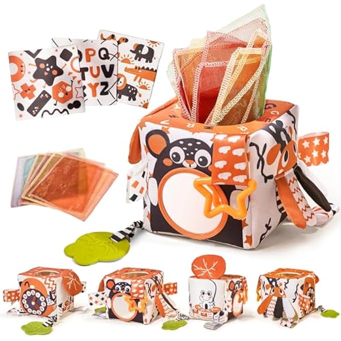 MONTESSORI BABY TISSUE BOX WITH CONTRAST DESIGNS, COLOURFUL RIBBONS AND CRINKLE PAPER FOR TODDLER 0 3 6 9 MONTHS+ - Image 1