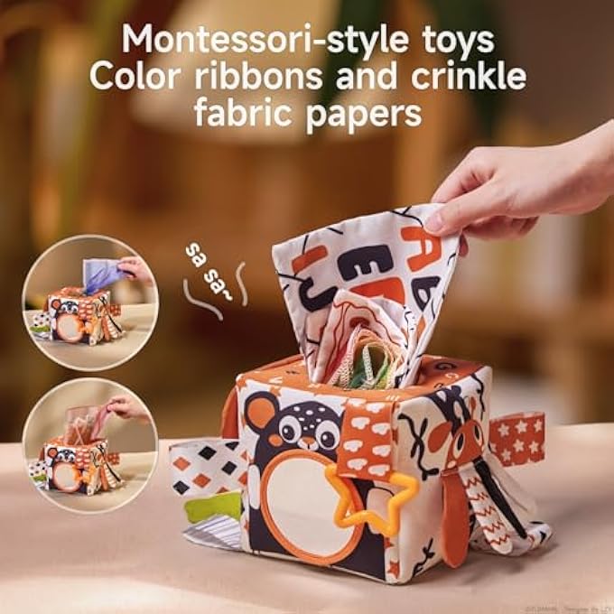 MONTESSORI BABY TISSUE BOX WITH CONTRAST DESIGNS, COLOURFUL RIBBONS AND CRINKLE PAPER FOR TODDLER 0 3 6 9 MONTHS+ - Image 3