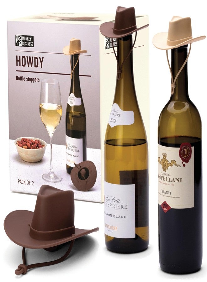 Monkey Business Howdy - 2-Pack Cowboy Hat Wine Stoppers - Fun Silicone Bottle Stoppers Keep Wine Fresh - Novelty Kitchen Gadgets & Cute Wine Accessories - Image 1