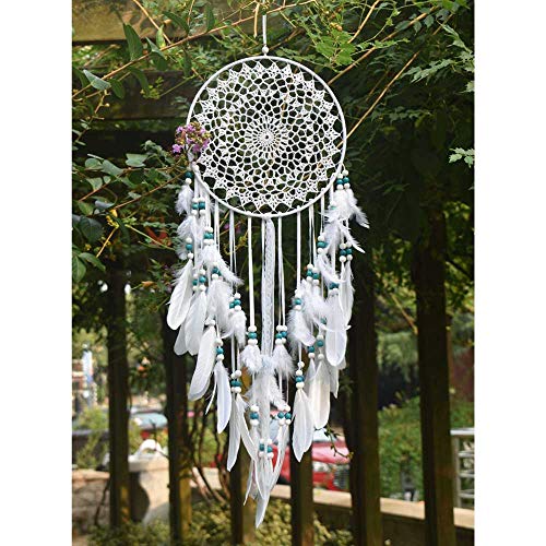 EasyBravo Large Boho Dream Catcher with White Feather and Blue Beads Macrame Wall Hanging for Vintage Wedding Home Decorations 9.8in Circle 27.6in Long - Image 4