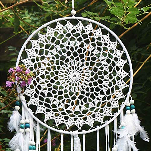 EasyBravo Large Boho Dream Catcher with White Feather and Blue Beads Macrame Wall Hanging for Vintage Wedding Home Decorations 9.8in Circle 27.6in Long - Image 5