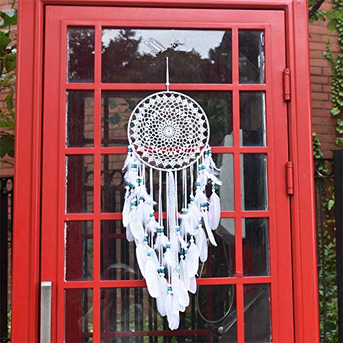 EasyBravo Large Boho Dream Catcher with White Feather and Blue Beads Macrame Wall Hanging for Vintage Wedding Home Decorations 9.8in Circle 27.6in Long - Image 2