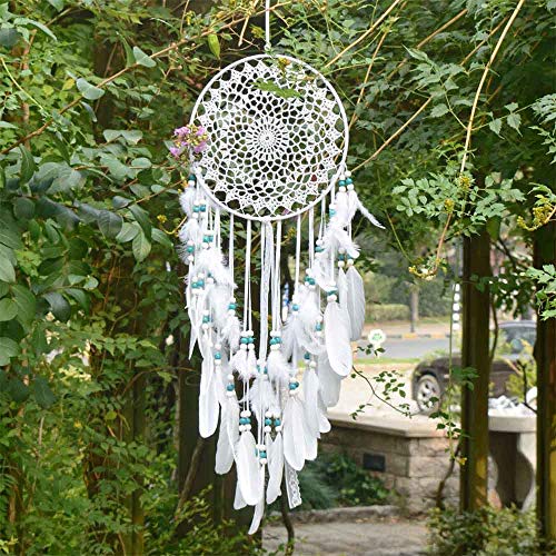 EasyBravo Large Boho Dream Catcher with White Feather and Blue Beads Macrame Wall Hanging for Vintage Wedding Home Decorations 9.8in Circle 27.6in Long - Image 3