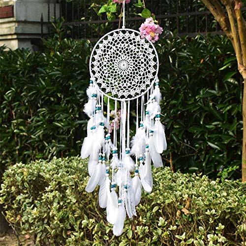 EasyBravo Large Boho Dream Catcher with White Feather and Blue Beads Macrame Wall Hanging for Vintage Wedding Home Decorations 9.8in Circle 27.6in Long - Image 1